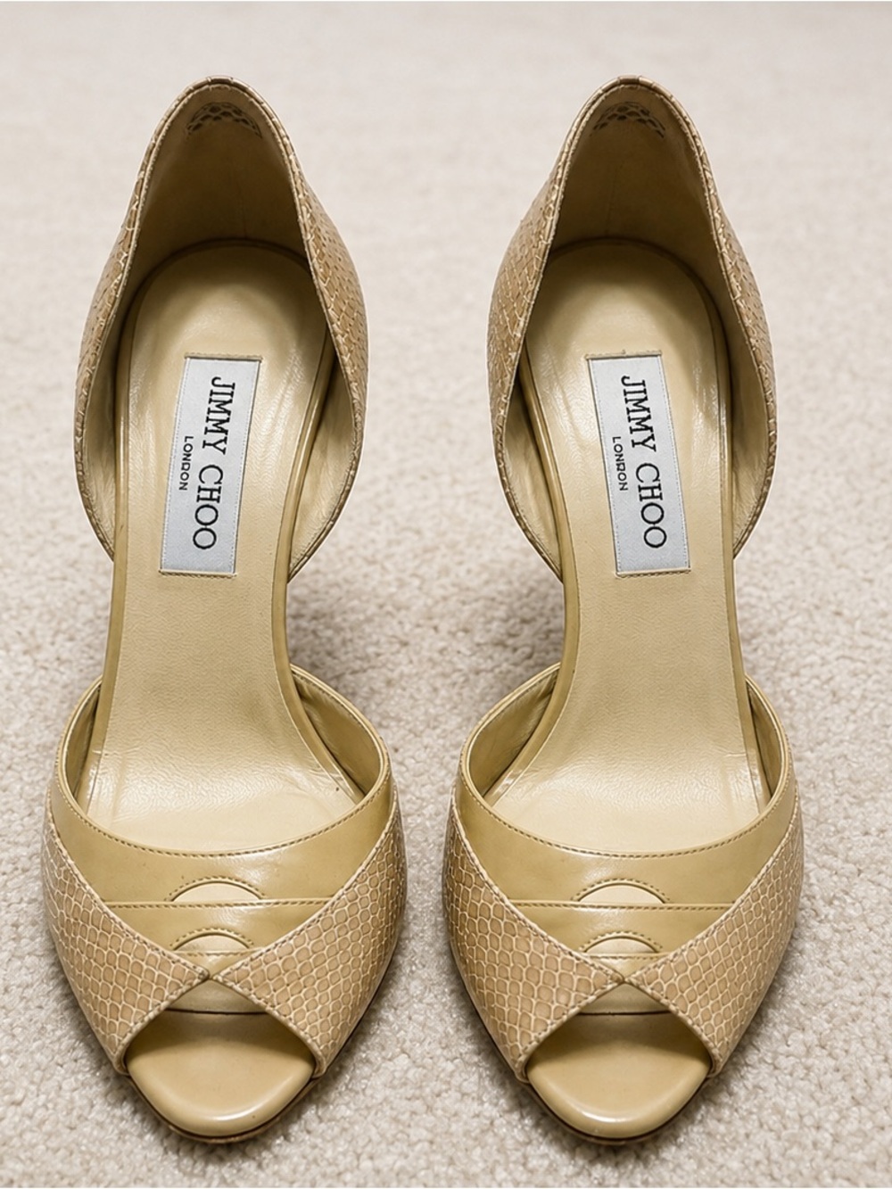 Jimmy Choo Beige Snakeskin Peep Toe Heels 37.5